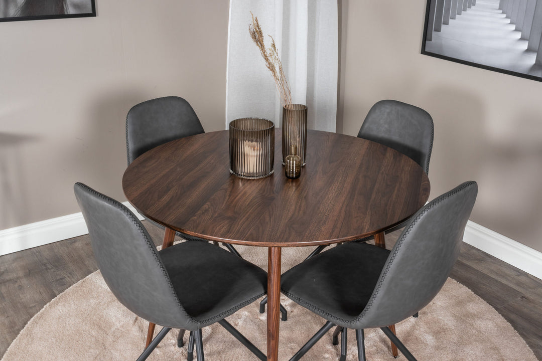 Venture Home Plaza Round table 100 cm - Walnut top - Walnut legs+Polar Dining Chair with Spin function - black Legs - Black PU - Black Stitches_4