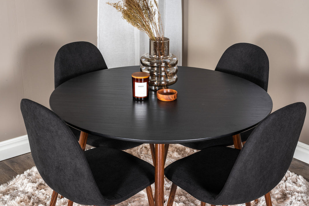 Venture Home Plaza Rundt Bord 100 cm - Sort Bordplade - Valnøddeben + Polar Spisebordsstol - Valnøddeben