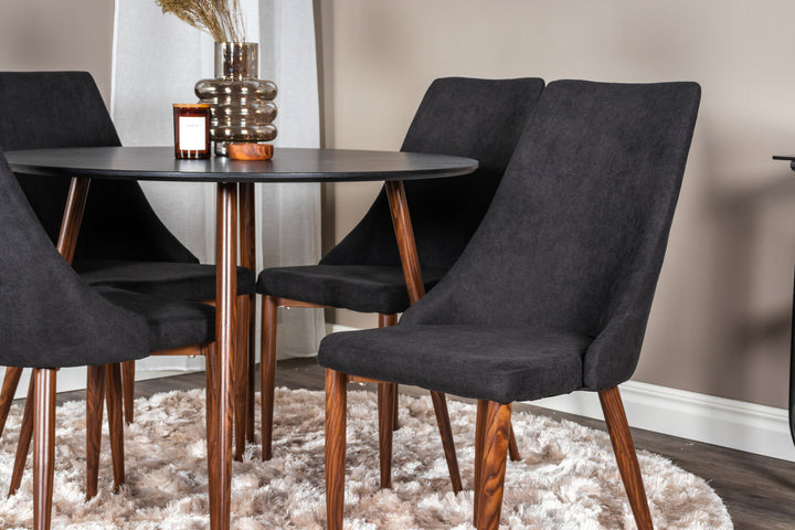 Venture Home Plaza Round Table 100 cm - Black Top - Walnut legs+Leone Dining Chair - Walnut legs - Black Fabric_4