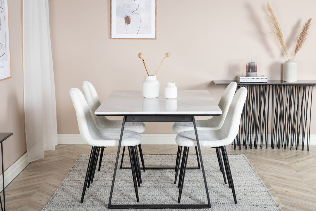 Venture Home Estelle Dining Table 140*90 - White / Black+Polar Fluff Dining Chair - Black Legs - White Teddy _4