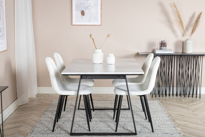Venture Home Estelle Dining Table 140*90 - White / Black+Polar Fluff Dining Chair - Black Legs - White Teddy _4