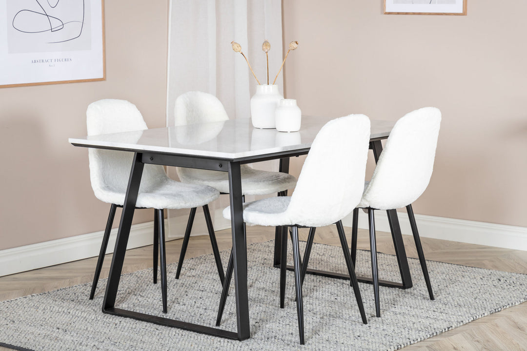 Venture Home Estelle Dining Table 140*90 - White / Black+Polar Fluff Dining Chair - Black Legs - White Teddy _4