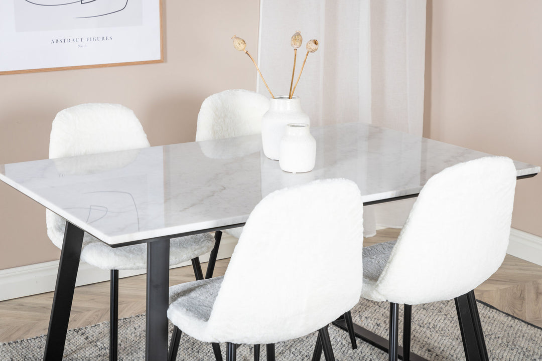 Venture Home Estelle Dining Table 140*90 - White / Black+Polar Fluff Dining Chair - Black Legs - White Teddy _4
