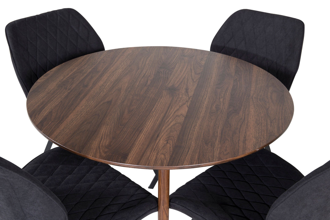 Venture Home Plaza Round table 100 cm - Walnut top - Walnut legs+Gemma Dining Chair - Black Legs - Black Fabric_4