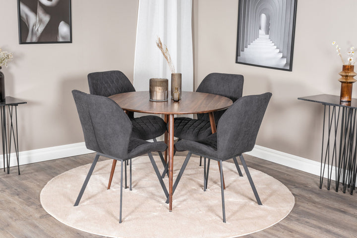 Venture Home Plaza Round table 100 cm - Walnut top - Walnut legs+Gemma Dining Chair - Black Legs - Black Fabric_4