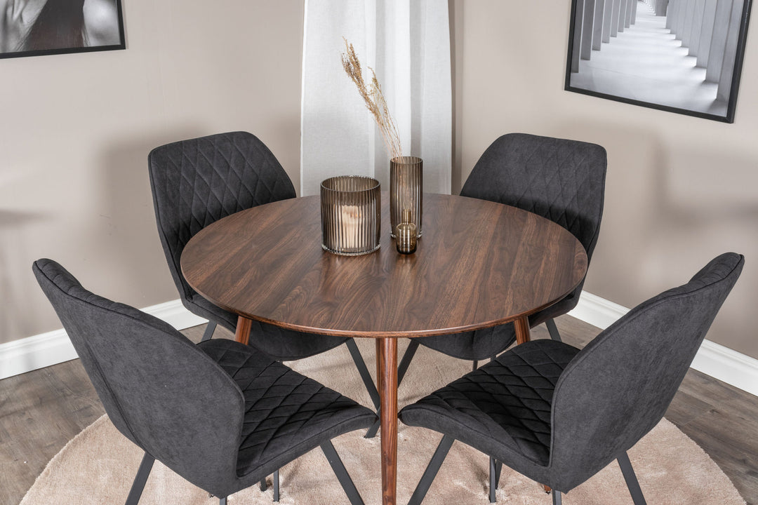 Venture Home Plaza Round table 100 cm - Walnut top - Walnut legs+Gemma Dining Chair - Black Legs - Black Fabric_4
