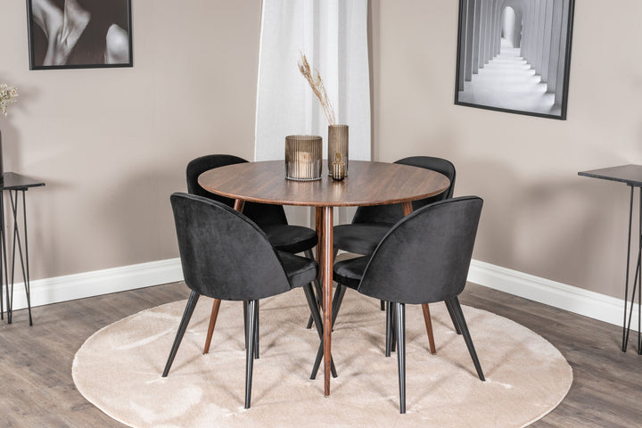 Venture Home Plaza Round table 100 cm - Walnut top - Walnut legs+Velvet Dining Chair - Black / Black_4
