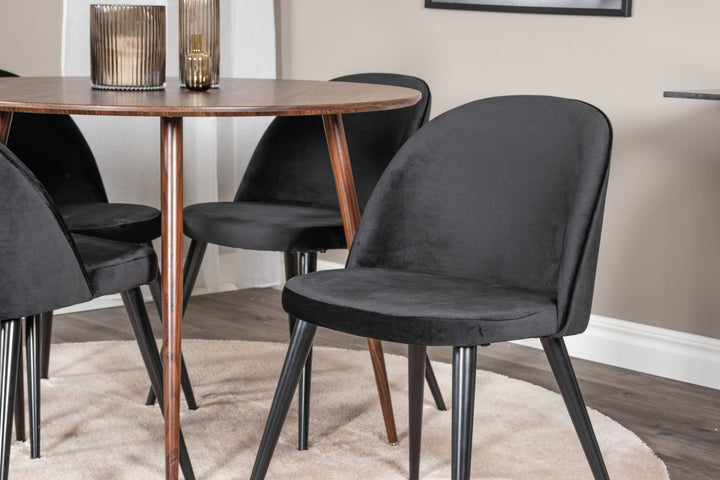 Venture Home Plaza Round table 100 cm - Walnut top - Walnut legs+Velvet Dining Chair - Black / Black_4