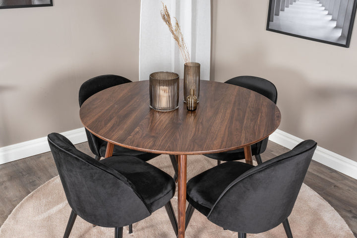 Venture Home Plaza Round table 100 cm - Walnut top - Walnut legs+Velvet Dining Chair - Black / Black_4