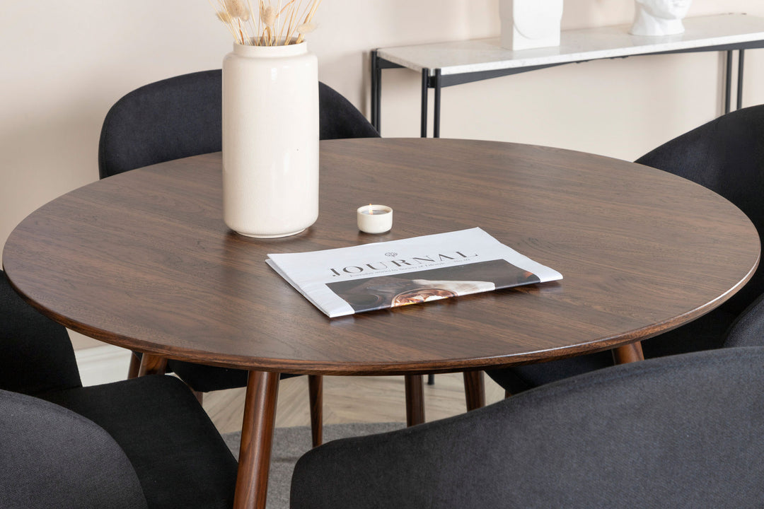 Venture Home Plaza Round table 100 cm - Walnut top - Walnut legs+Arch Dining Chair - Walnut Legs - Black Fabric_4