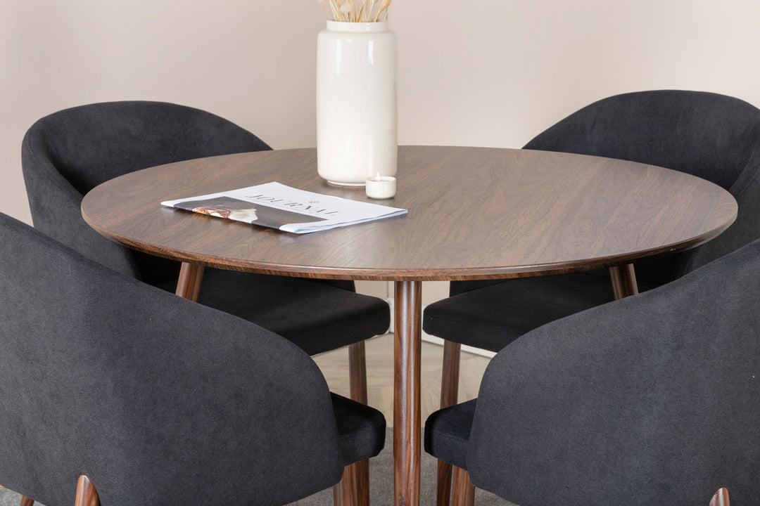 Venture Home Plaza Round table 100 cm - Walnut top - Walnut legs+Arch Dining Chair - Walnut Legs - Black Fabric_4
