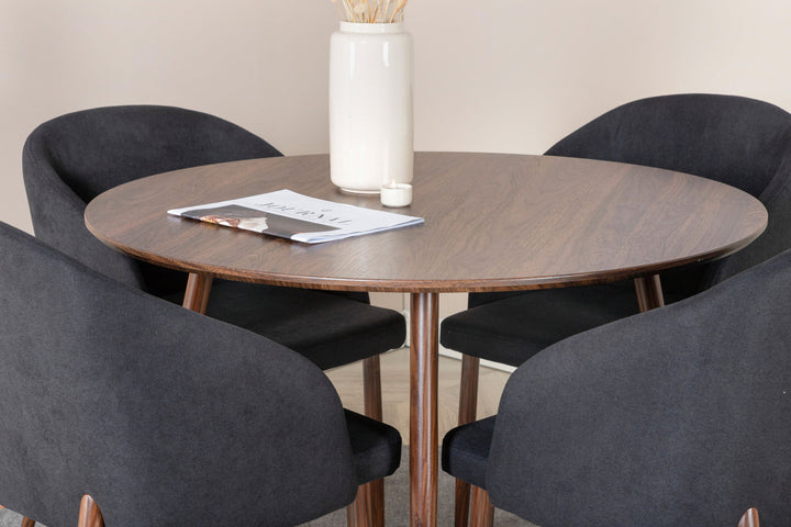 Venture Home Plaza Round table 100 cm - Walnut top - Walnut legs+Arch Dining Chair - Walnut Legs - Black Fabric_4