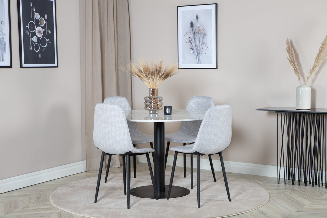 Venture Home Estelle Round Dining Table ø106 H75 - White / Black+Polar Diamond Dining Chair - Black Legs - Grey Fabric_4