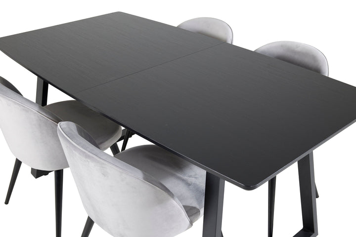 Venture Home Inca Extentiontable - Black top / black Legs+Velvet Dining Chair - Light Grey / Black_4