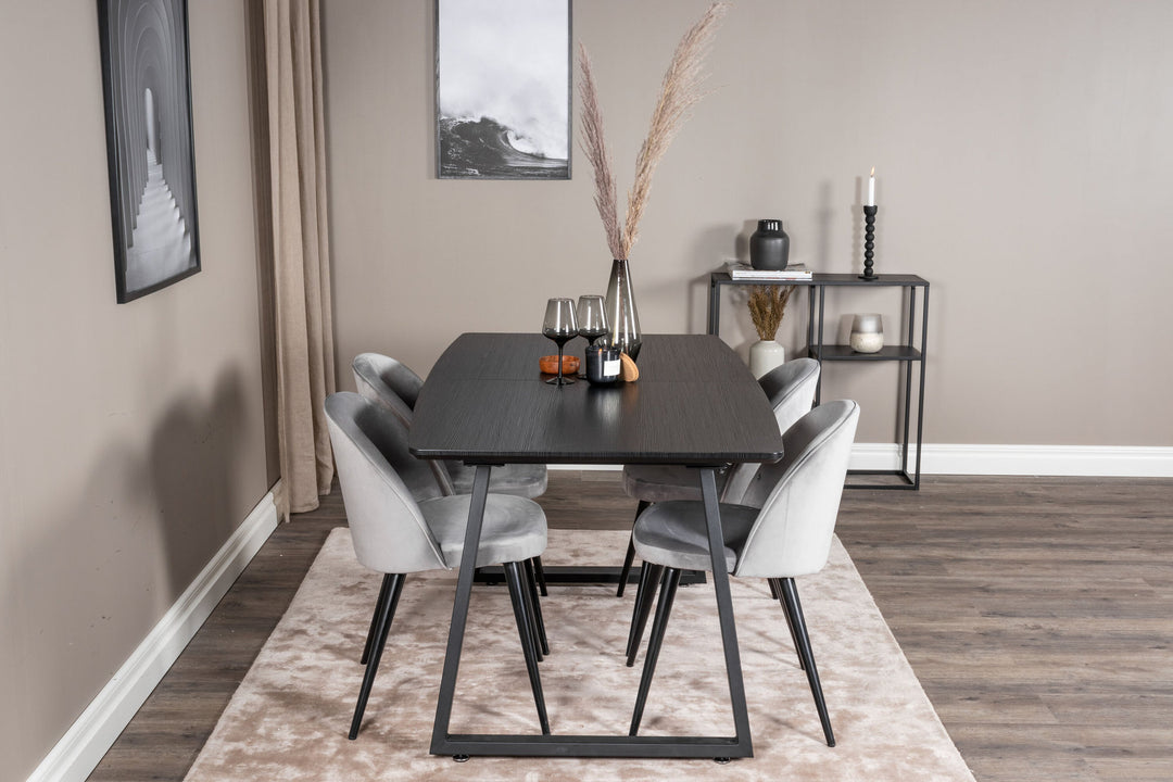 Venture Home Inca Extentiontable - Black top / black Legs+Velvet Dining Chair - Light Grey / Black_4