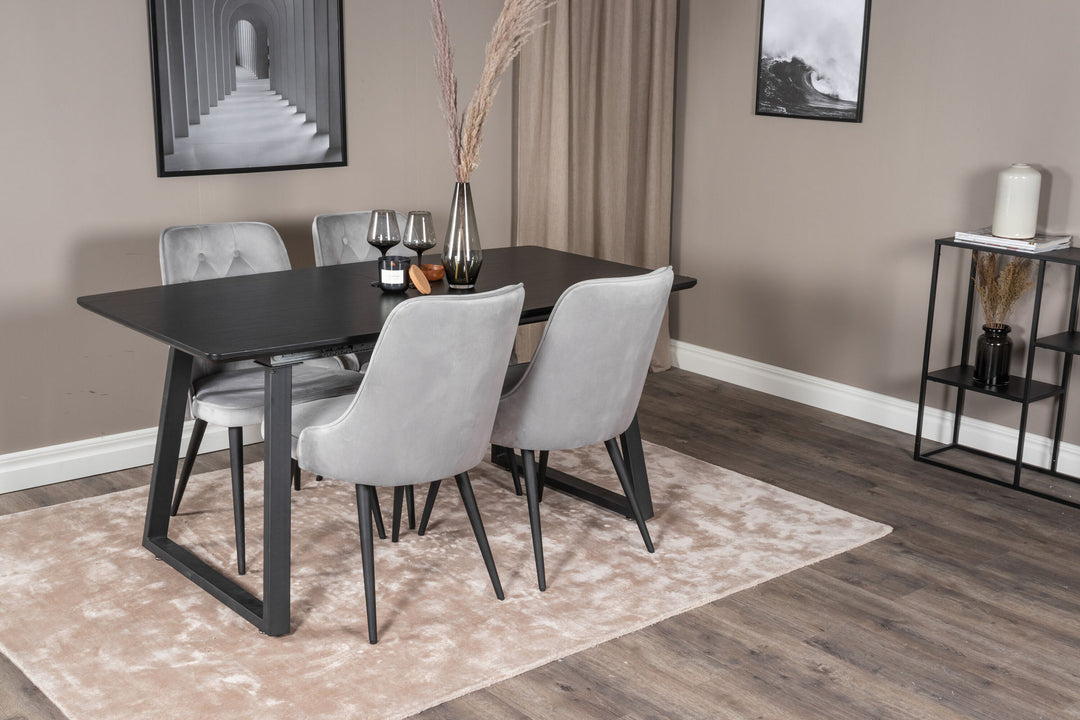 Venture Home Inca Extentiontable - Black top / black Legs+Velvet Deluxe Dining Chair - Light Grey / Black_4