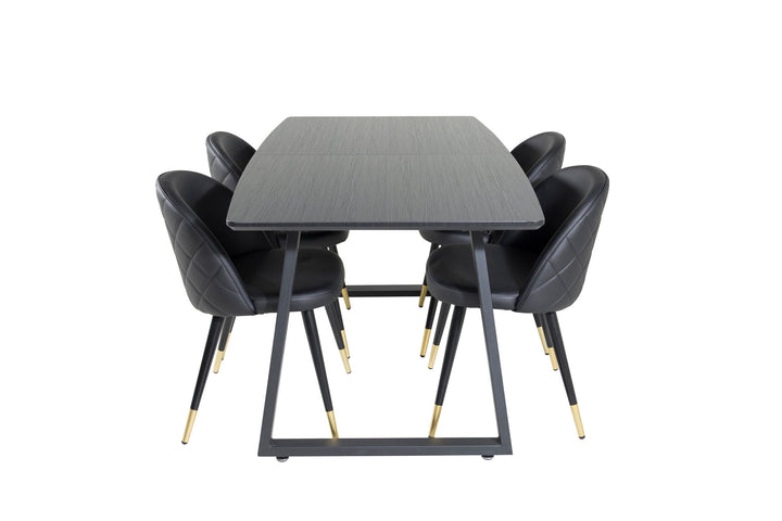Venture Home Inca Extentiontable - Black top / black Legs+Velvet Dining Chair w. Stiches - PU - Black / Black_4