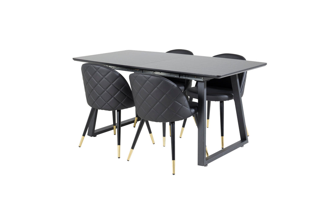 Venture Home Inca Extentiontable - Black top / black Legs+Velvet Dining Chair w. Stiches - PU - Black / Black_4