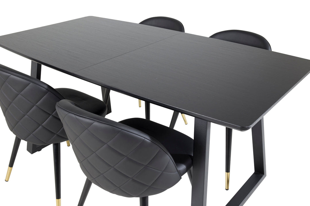 Venture Home Inca Extentiontable - Black top / black Legs+Velvet Dining Chair w. Stiches - PU - Black / Black_4