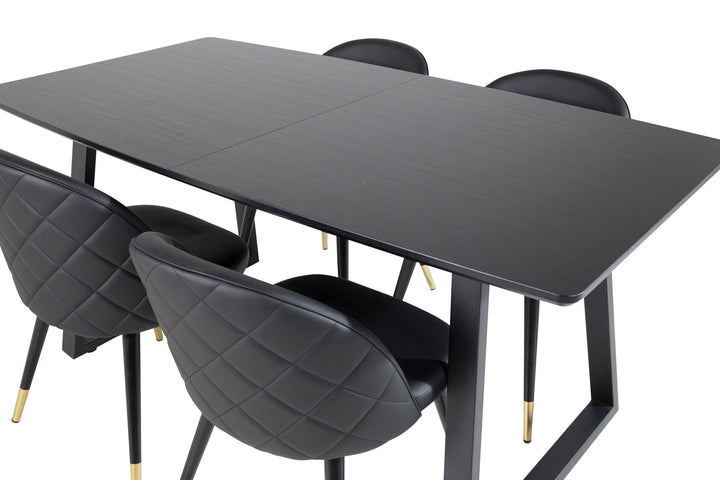Venture Home Inca Extentiontable - Black top / black Legs+Velvet Dining Chair w. Stiches - PU - Black / Black_4