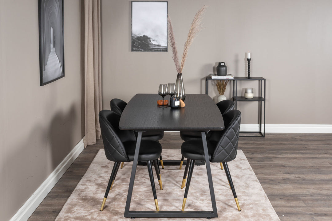 Venture Home Inca Extentiontable - Black top / black Legs+Velvet Dining Chair w. Stiches - PU - Black / Black_4