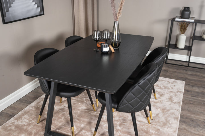 Venture Home Inca Extentiontable - Black top / black Legs+Velvet Dining Chair w. Stiches - PU - Black / Black_4