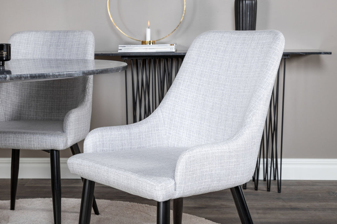 Venture Home Estelle Round Dining Table ø106 H75 - Black / Brass+Plaza Dining chair - Black legs - Light Grey Fabric_4