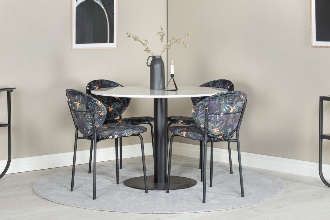 Venture Home Estelle Round Dining Table ø106 H75 - White / Black+Vault Dining Chair - Black legs - Black Flower printed fabric_4