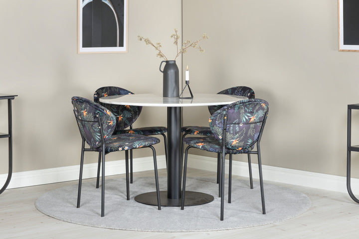 Venture Home Estelle Round Dining Table ø106 H75 - White / Black+Vault Dining Chair - Black legs - Black Flower printed fabric_4