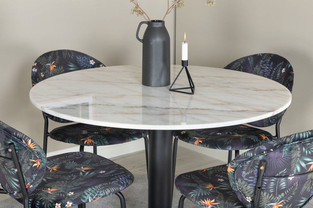 Venture Home Estelle Round Dining Table ø106 H75 - White / Black+Vault Dining Chair - Black legs - Black Flower printed fabric_4
