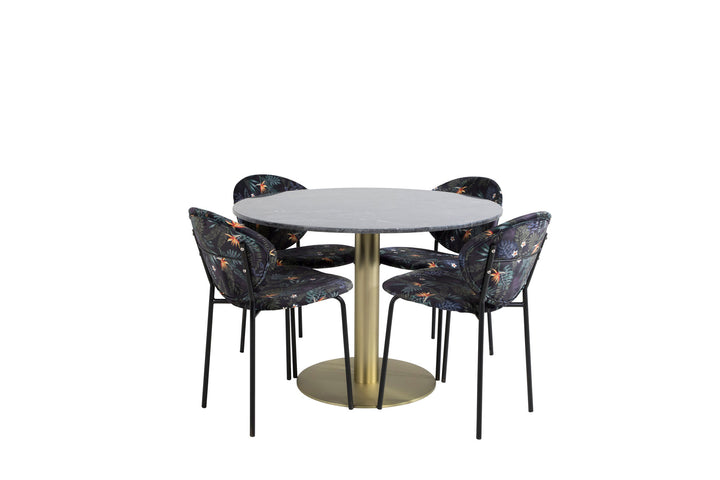 Venture Home Estelle Round Dining Table ø106 H75 - Black / Brass+Vault Dining Chair - Black legs - Black Flower printed fabric_4