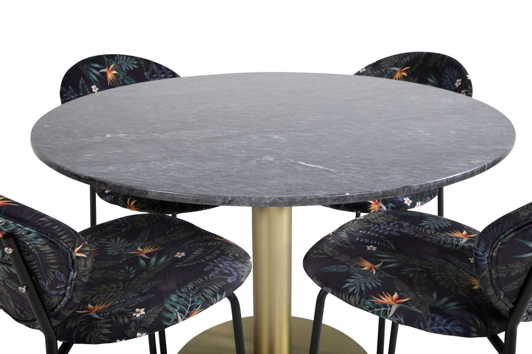 Venture Home Estelle Round Dining Table ø106 H75 - Black / Brass+Vault Dining Chair - Black legs - Black Flower printed fabric_4