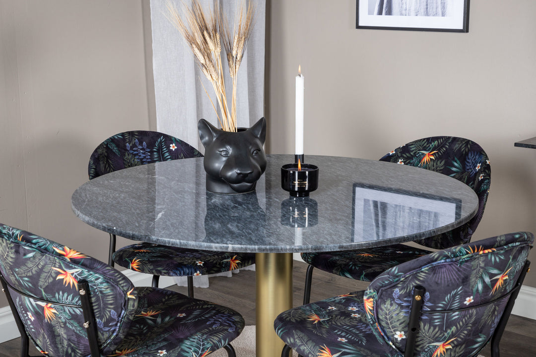 Venture Home Estelle Round Dining Table ø106 H75 - Black / Brass+Vault Dining Chair - Black legs - Black Flower printed fabric_4
