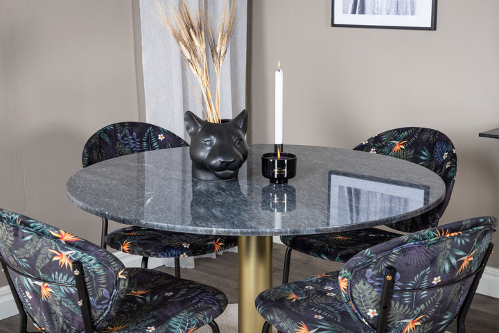 Venture Home Estelle Round Dining Table ø106 H75 - Black / Brass+Vault Dining Chair - Black legs - Black Flower printed fabric_4