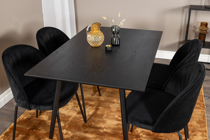 Venture Home Dipp Dining Table - 120 cm - Black Veneer - Black Legs w. Brass dipp+Wrinkles Dining Chair - Black Legs - Black Velvet_4