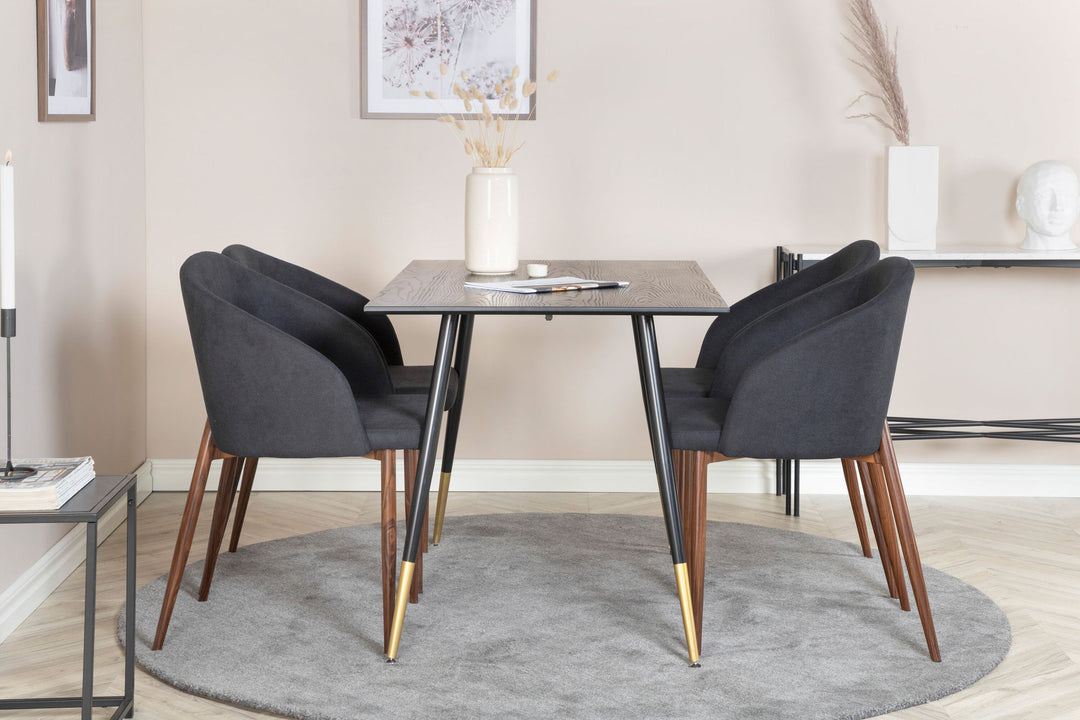 Venture Home Dipp Dining Table - 120 cm - Black Veneer - Black Legs w. Brass dipp+Arch Dining Chair - Walnut Legs - Black Fabric_4