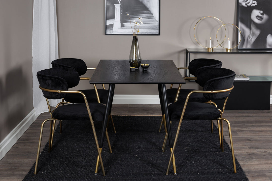 Venture Home Dipp Dining Table - 120 cm - Black Veneer - Black Legs w. Brass dipp+Arrow armchair - Brass Legs - Black Velvet_4