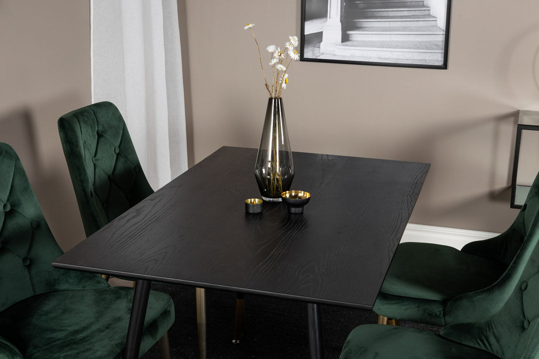 Venture Home Dipp Dining Table - 120 cm - Black Veneer - Black Legs w. Brass dipp+Velvet Deluxe Dining Chair - Green / Brass_4