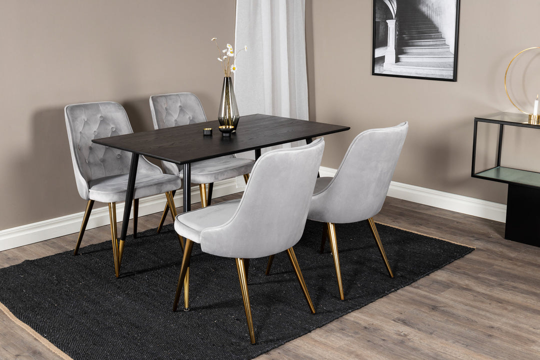 Venture Home Dipp Dining Table - 120 cm - Black Veneer - Black Legs w. Brass dipp+Velvet Deluxe Dining Chair - Light Grey / Brass_4