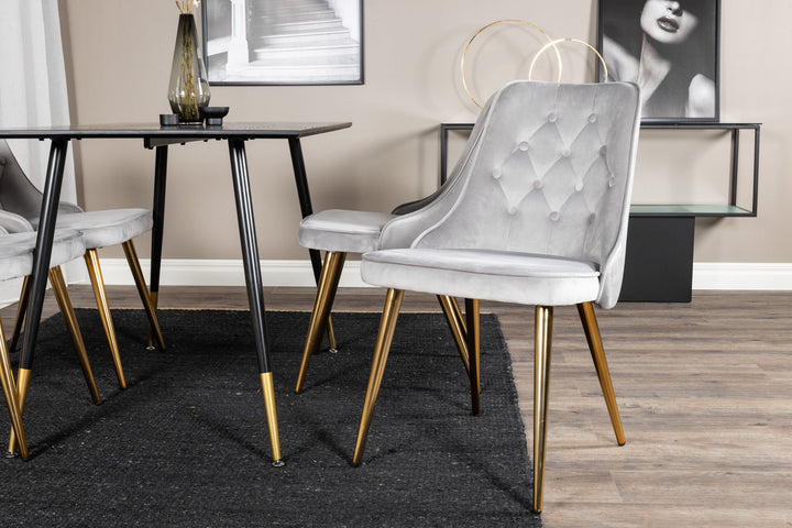 Venture Home Dipp Dining Table - 120 cm - Black Veneer - Black Legs w. Brass dipp+Velvet Deluxe Dining Chair - Light Grey / Brass_4