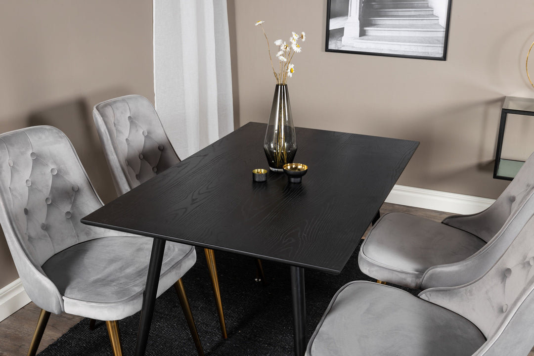 Venture Home Dipp Dining Table - 120 cm - Black Veneer - Black Legs w. Brass dipp+Velvet Deluxe Dining Chair - Light Grey / Brass_4