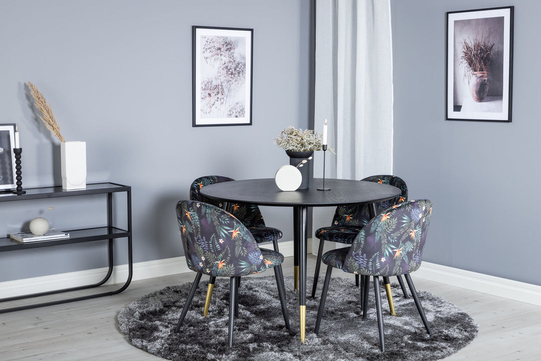 Venture Home Dipp Dining Table - 115cm - Black / Black Brass+Velvet Dining Chair - Black Flower fabric_4