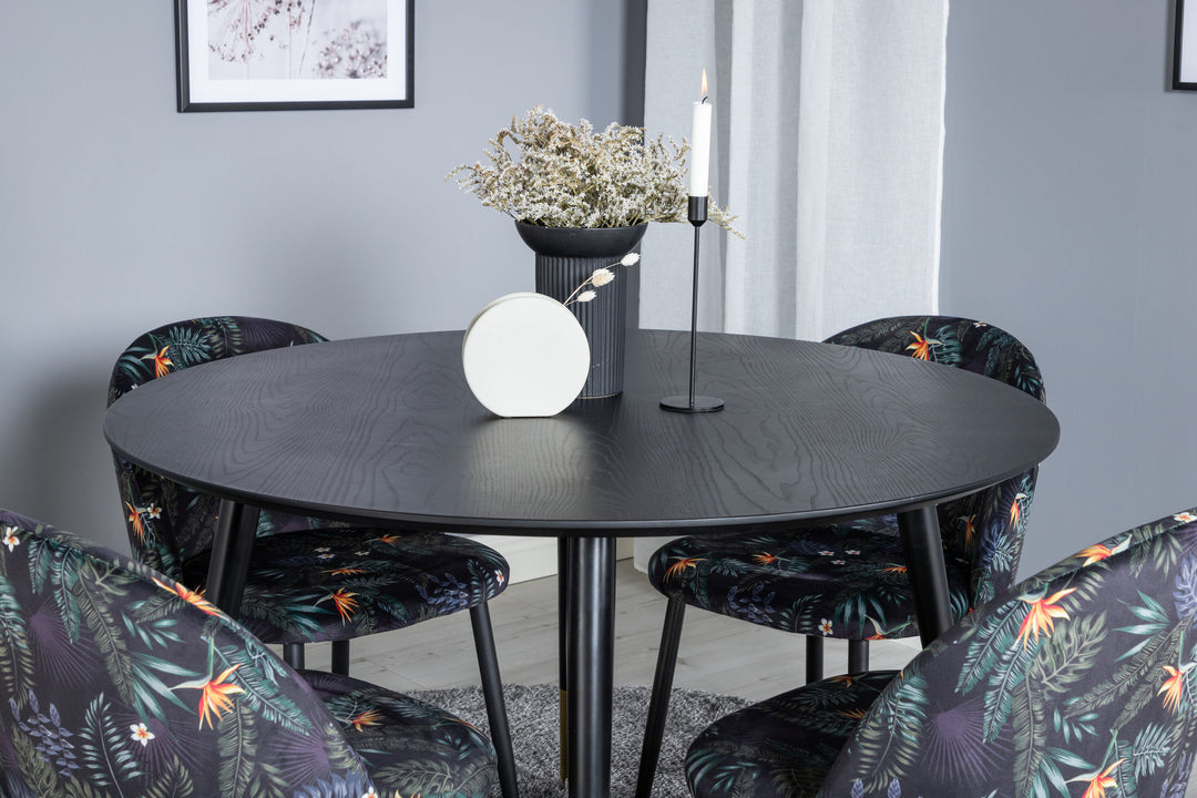Venture Home Dipp Dining Table - 115cm - Black / Black Brass+Velvet Dining Chair - Black Flower fabric_4