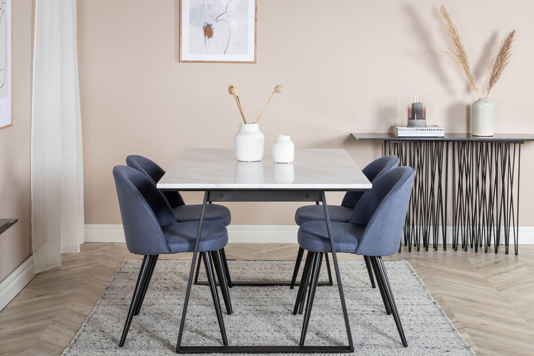 Venture Home Estelle Dining Table 140*90 - White / Black+Velvet Dining Chiar - Black legs - Blue Fabric_4