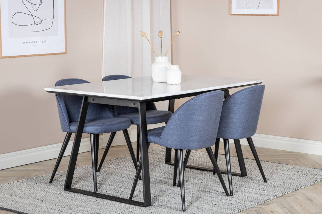 Venture Home Estelle Dining Table 140*90 - White / Black+Velvet Dining Chiar - Black legs - Blue Fabric_4
