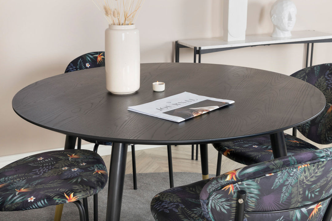 Venture Home Dipp Dining Table - 115cm - Black / Black Brass+Vault Dining Chair - Black legs - Black Flower printed fabric_4