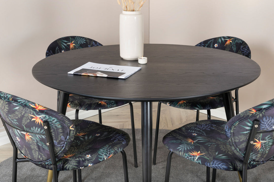 Venture Home Dipp Dining Table - 115cm - Black / Black Brass+Vault Dining Chair - Black legs - Black Flower printed fabric_4