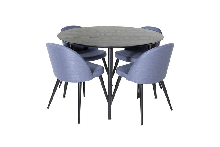 Venture Home Dipp Dining Table - 115cm - Black Veneer / All black legs +Velvet Dining Chiar - Black legs - Blue Fabric_4