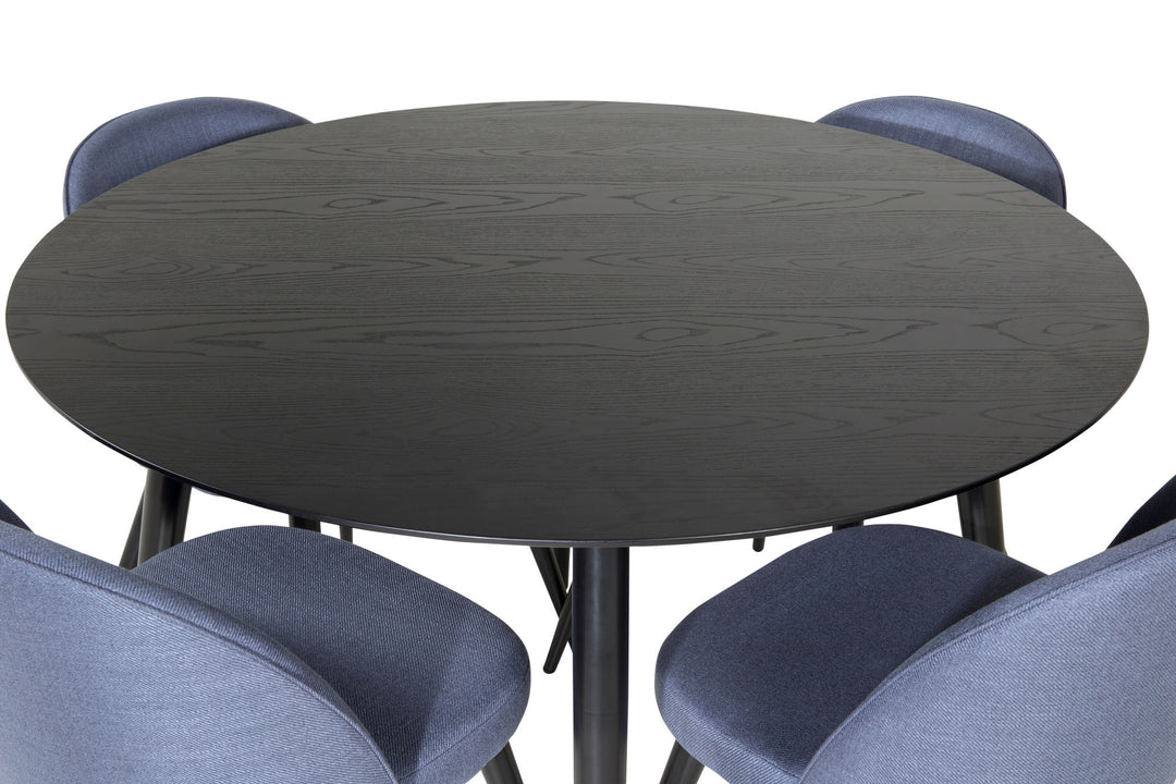 Venture Home Dipp Dining Table - 115cm - Black Veneer / All black legs +Velvet Dining Chiar - Black legs - Blue Fabric_4