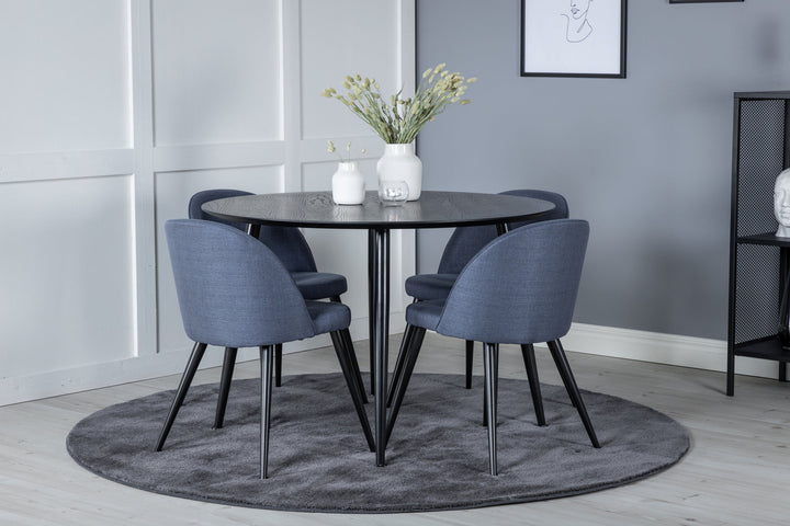 Venture Home Dipp Dining Table - 115cm - Black Veneer / All black legs +Velvet Dining Chiar - Black legs - Blue Fabric_4